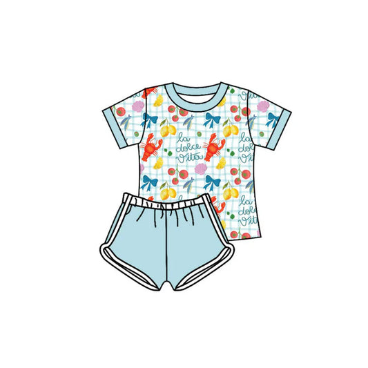Preorder(moq 5) Baby Girls Crayfishes Lemons Checked Top Shorts Clothes Sets 11.14