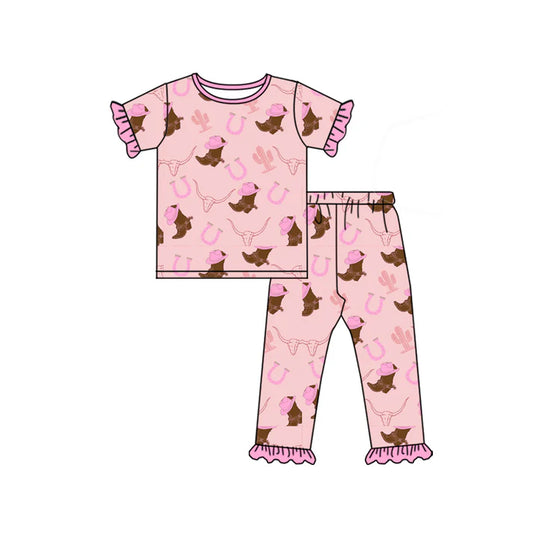 Preorder (moq 5)Baby Girls Hat Boots Bull Skulls Top Ruffle Pants Western Pajamas Sets 11.26