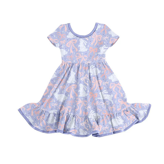 Preorder(moq 5) Baby Girls Lavender Rabbits Bows Easter Ruffle Knee Length Dresses 10.15