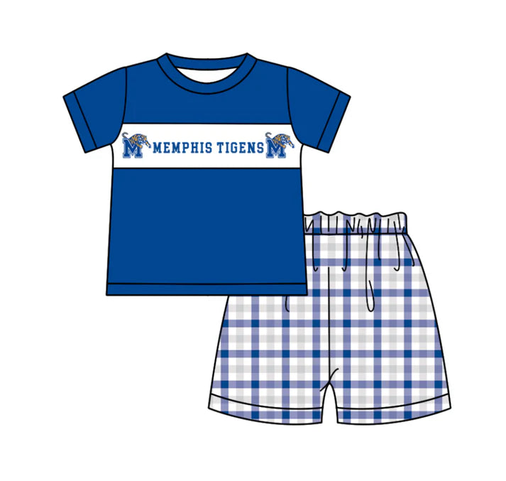 Preorder (moq 5)Baby Boys Memphis Tigers Top Blue Checked Shorts Team Clothes Sets 12.6