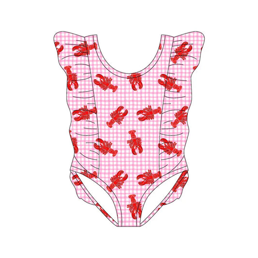 Preorder(moq 5) Baby Girls Pink Checked Crayfishes Ruffle Swimsuits 11.13