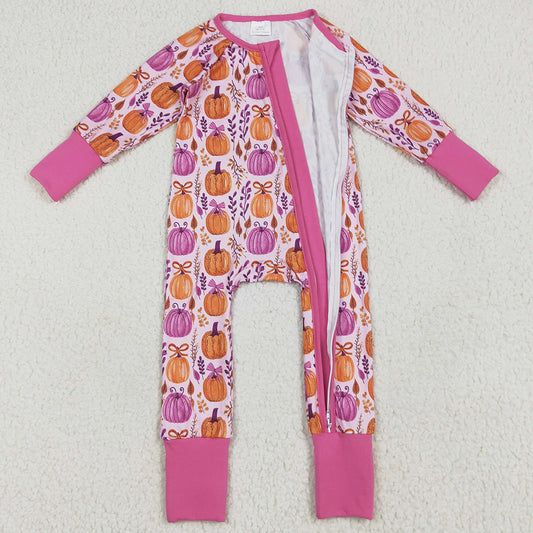 Halloween Baby Girls Rompers Pink Floral Pumpkins Footie Zipper Rompers LR2270 6.17