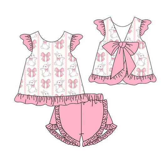 Preorder(moq 5) Baby Girls Pink Bows Rabbits Stripe Tunic Ruffle Shorts Easter Clothes Sets 11.19