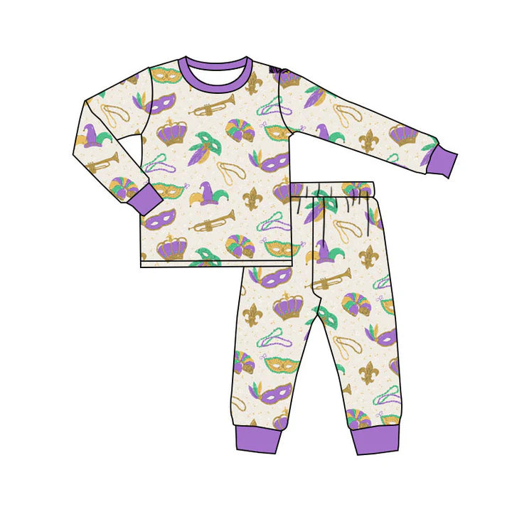 Preorder(moq 5) Baby Boys Mardigras Long Sleeve Anchors Masks Top Pants Pajamas Sets 10.10