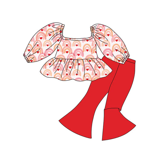 Preorder (moq 5)Baby Girls Rainbows Hearts Ruffle Tunic Bell Bottom Pants Valentines Clothes Sets 12.15