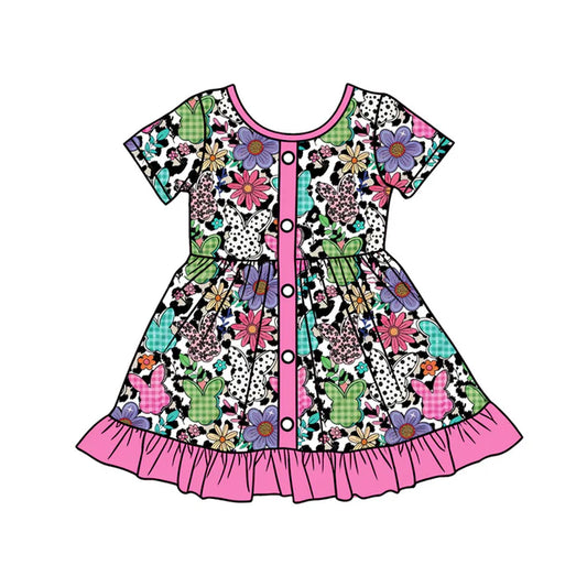 Preorder (moq 5)Baby Girls Colorful Rabbits Leopard Easter Button Ruffle Knee Length Dress 1.12
