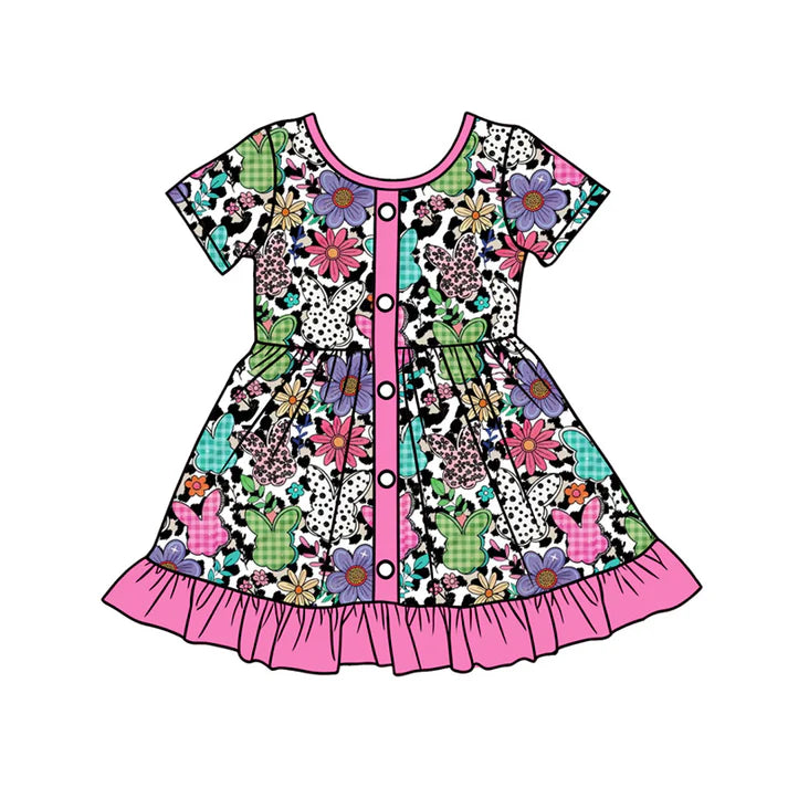 Preorder (moq 5)Baby Girls Colorful Rabbits Leopard Easter Button Ruffle Knee Length Dress 1.12
