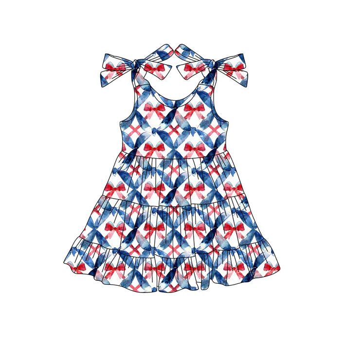 Preorder (moq 5)Baby Girls Strap Blue Red Bows 4th Of July Knee Length Dress 4.25