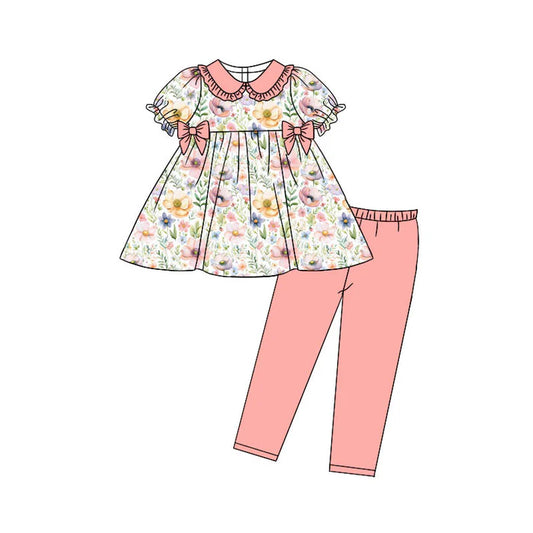 Preorder(moq 5) Baby Girls Short Sleeve Colorful Floral Bows Tunic Leggings Clothes Sets 11.11