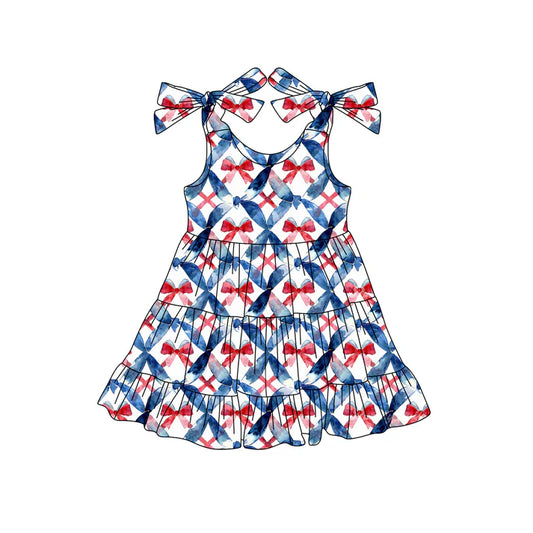 Preorder (moq 5)Baby Girls Strap Blue Red Bows 4th Of July Knee Length Dress 5.13