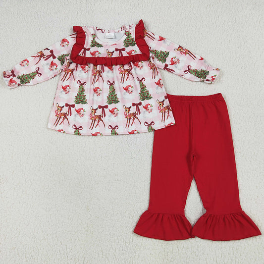 Baby Girls Clothes Christmas Red Long Sleeves Santa Trees Plaid Tunic Ruffle Pant Sets GLP2419 6.19