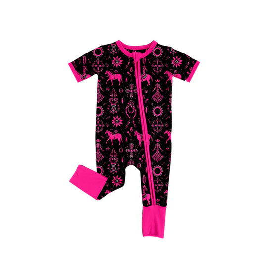 Preorder (moq 5)Baby Girls Horse Rodeos Turquoises Western Two Way Zip Convertible Rompers 11.24