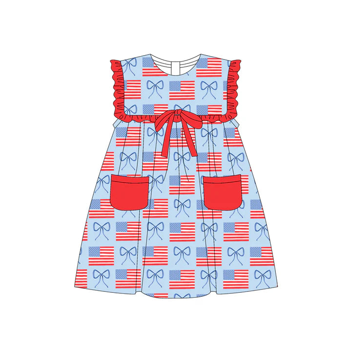 Preorder moq 5 Baby Girls Red Sleeveless Flags Pockets 4th Of July Knee Length Dresses 4.22