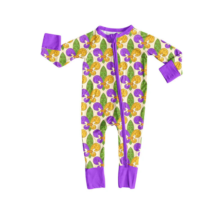 Preorder (moq 8)Baby Boys Purple Yellow Green Mardigras Zipper Footie Rompers 9.10