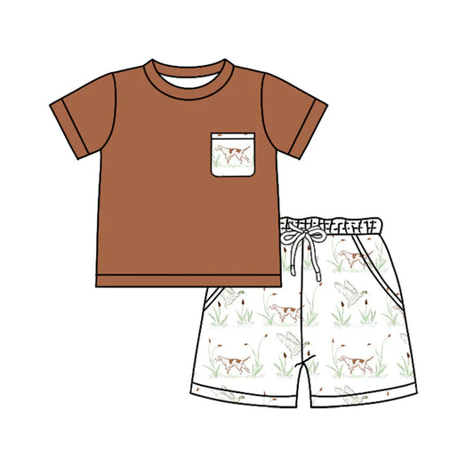 Preorder (moq 5)Baby Boys Brown Short Sleeves Pocket Top Ducks Dogs Short Set 5.14