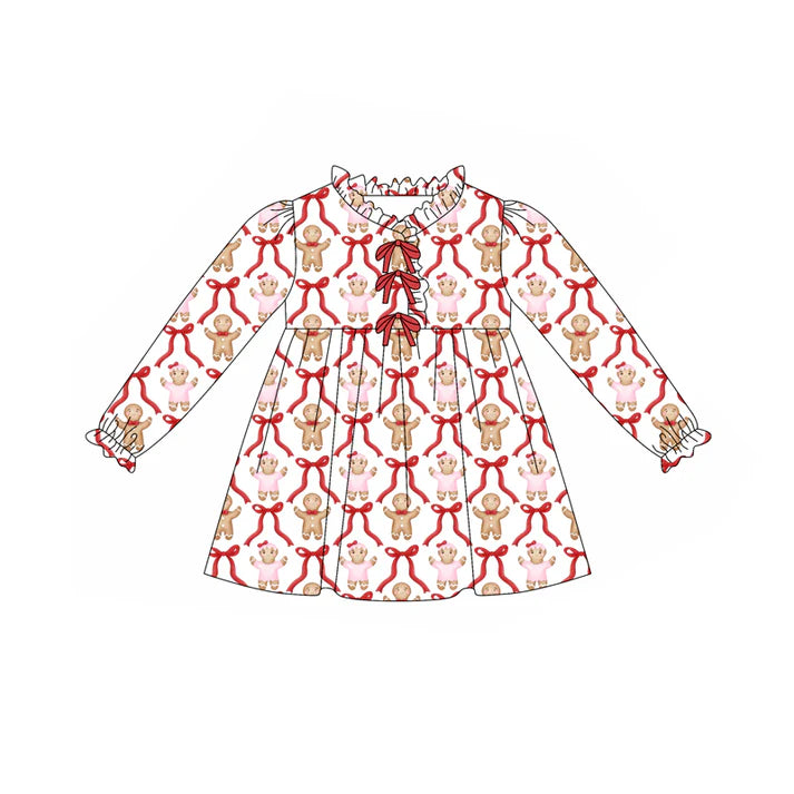 Preorder (moq 5)Baby Girls Christmas Gingerbread Bows Ruffle Knee Length Dresses 8.11