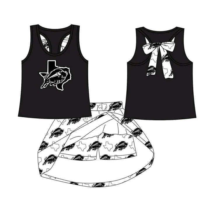 Preorder (moq 5)Baby Girls Black Cow bow vest team Top Skirt Skort Sets 8.13