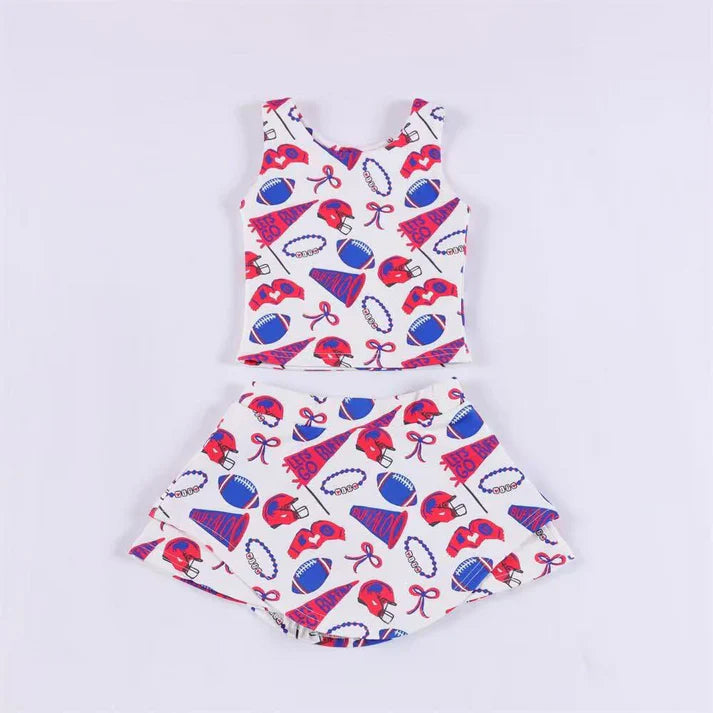 Preorder moq 5 Baby Girls Sleeveless Blue Football Cheer Plaid Vest Top Skorts Team Set 7.11