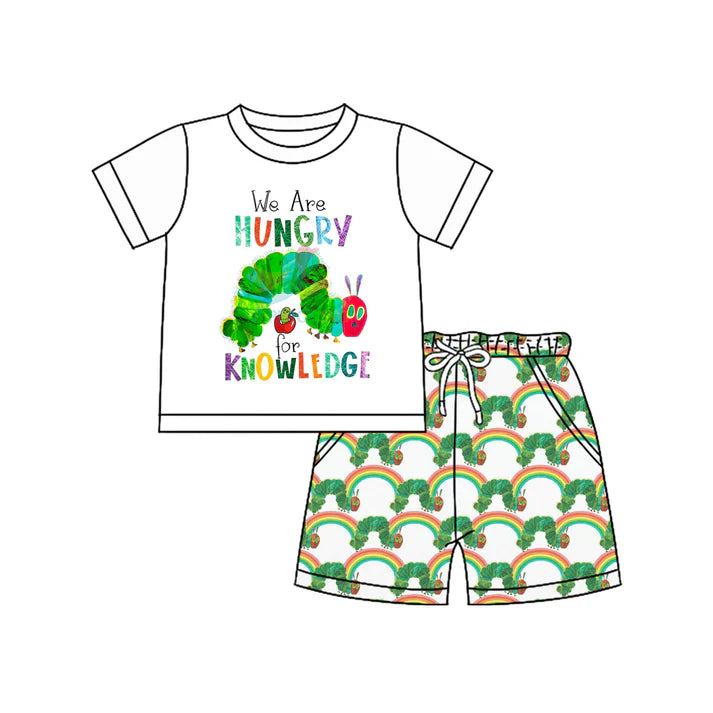Preorder moq 5 Baby Boys Short Sleeves Caterpillar Top Rainbows Pockets Shorts Set 4.14
