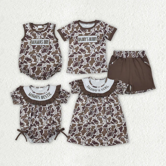 Kids Sibling Clothing Embroidery Mama's Boy Girl Brown Camo Shorts Clothes Set Dress Rompers