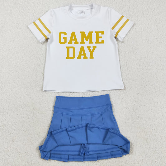 Baby Girls Clothes Vinyl Gold Game Day Top Blue Pleated Skorts Yoga Active Team Set GSD2741 8.16