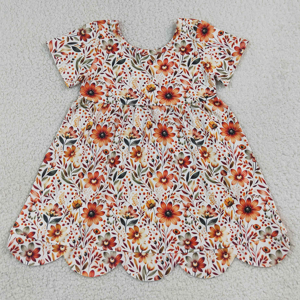 Baby Girls Dress Short Sleeve Sunflowers Fall Scallop Knee Length Dresses GSD4155