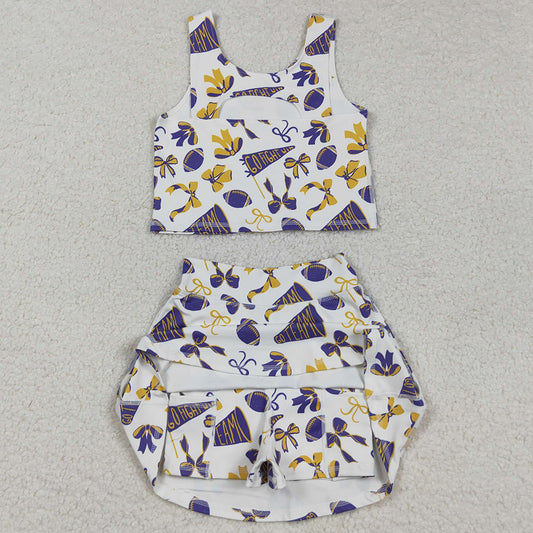 Baby Girls Clothes Purple Footballs Bows Plaid Vest Top Skorts Team Yoga Active Set GSD2690 9.2