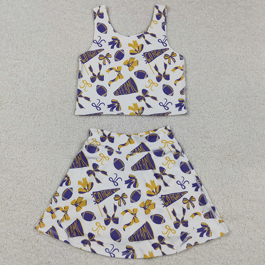 Baby Girls Clothes Purple Footballs Bows Plaid Vest Top Skorts Team Yoga Active Set GSD2690 9.2