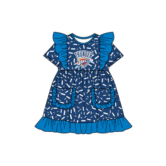 Preorder (moq 5)Baby Girls Flutter Short Sleeve Blue Sprinkles OKC Pockets Team Ruffle Knee Length Dresses 12.13