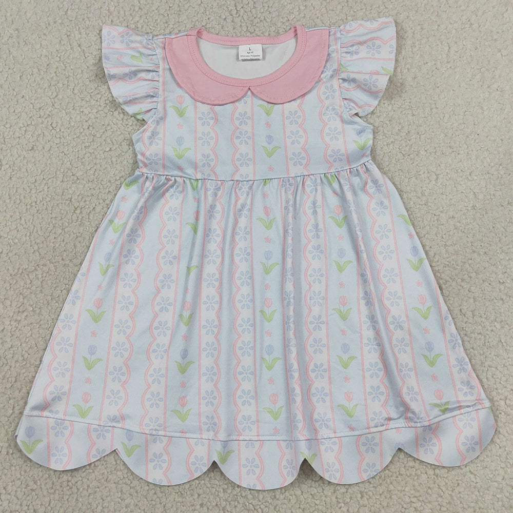 Baby Girls Dress Flutter Sleeve Flowers Stripe Collar Scallop Knee Length Dresses GSD3867