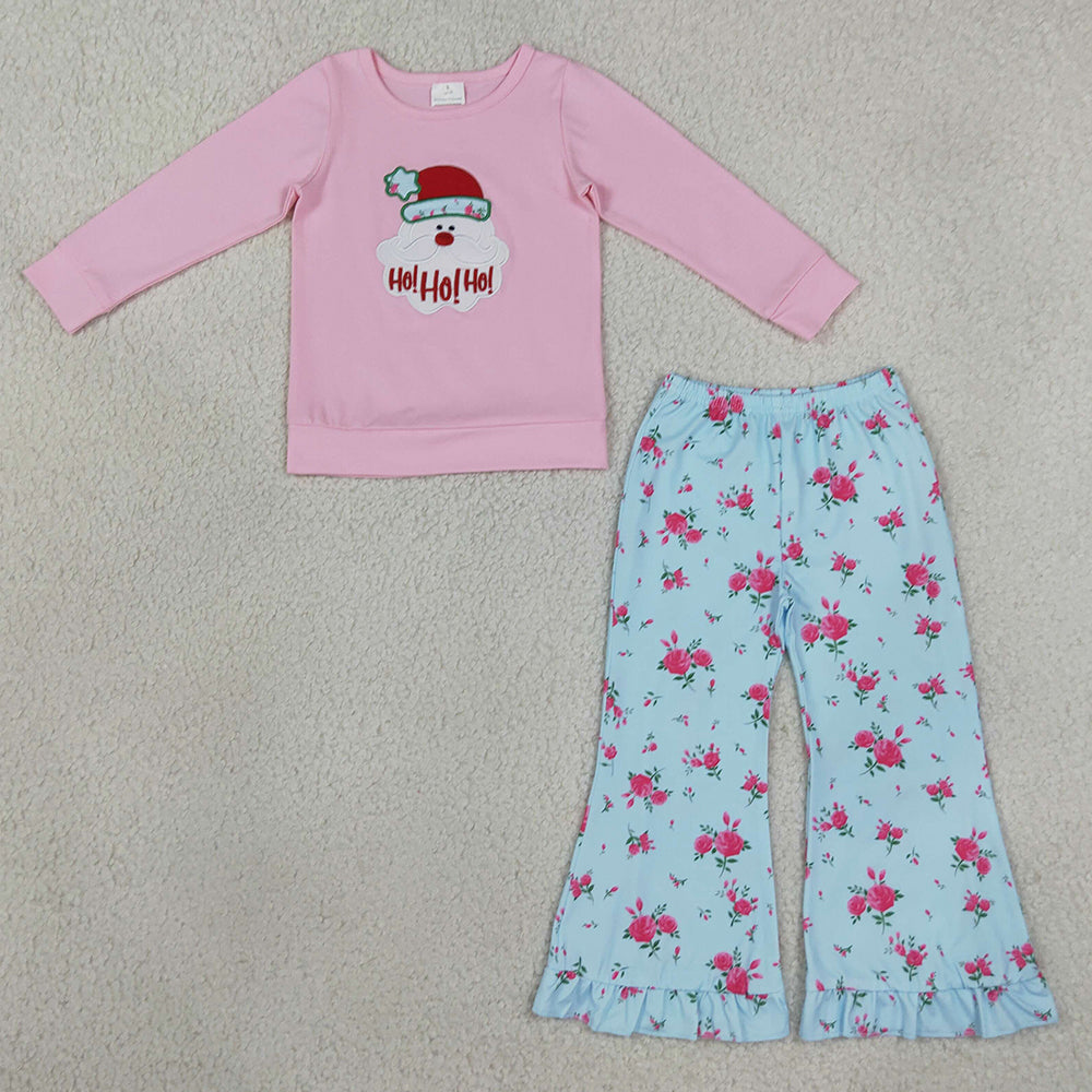 Baby Girls Clothes Embroidery Hat Santa Flowers Ruffle Flare Pant Christmas Clothes Set GLP3596