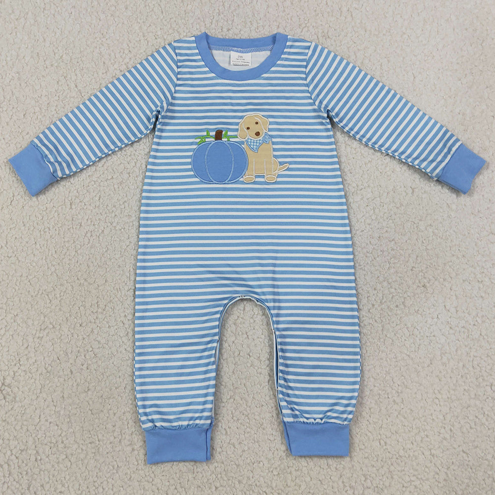 Baby Boys Rompers Embroidery Pumpkins Dogs Blue Stripe Fall Pant Rompers LR3141