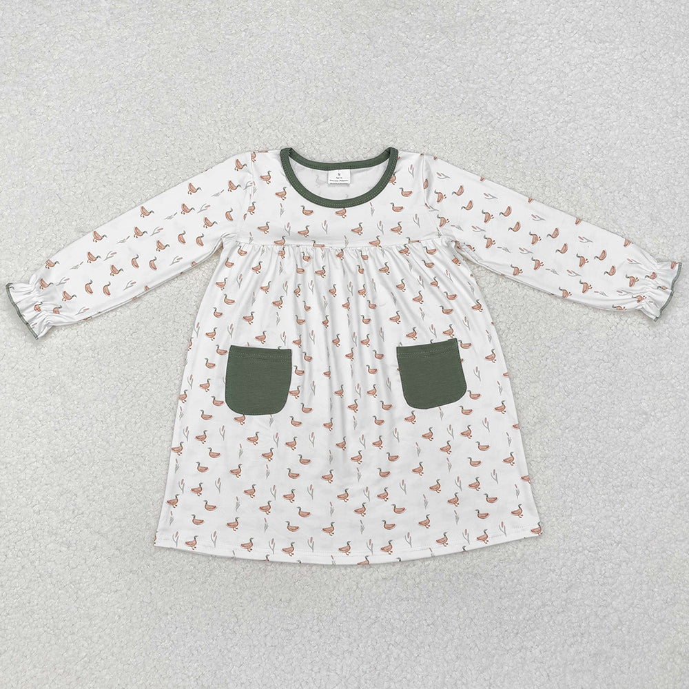 Baby Girls Dress Fall Ducks Green Pockets Knee Length Dresses GLD0717