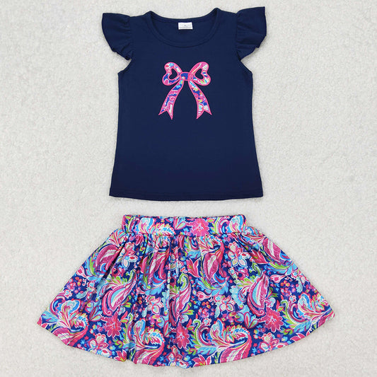 Baby Girls Clothes Navy Bow Embroidery Shirts Shorts Skirt Sets GSD1689