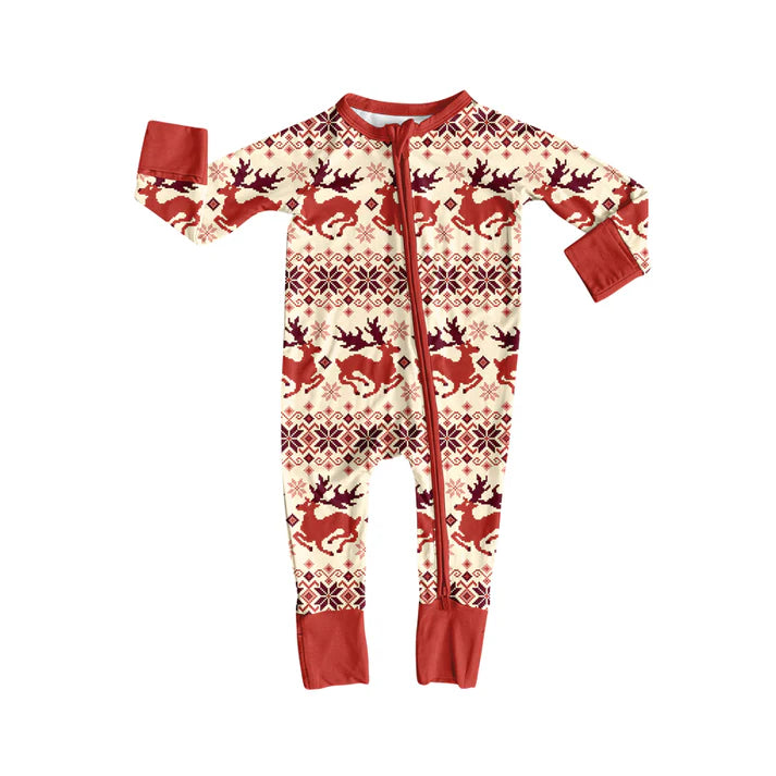 Preorder(moq 5)Baby Infant Deer Aztec Christmas Zipper Footie Rompers 8.8