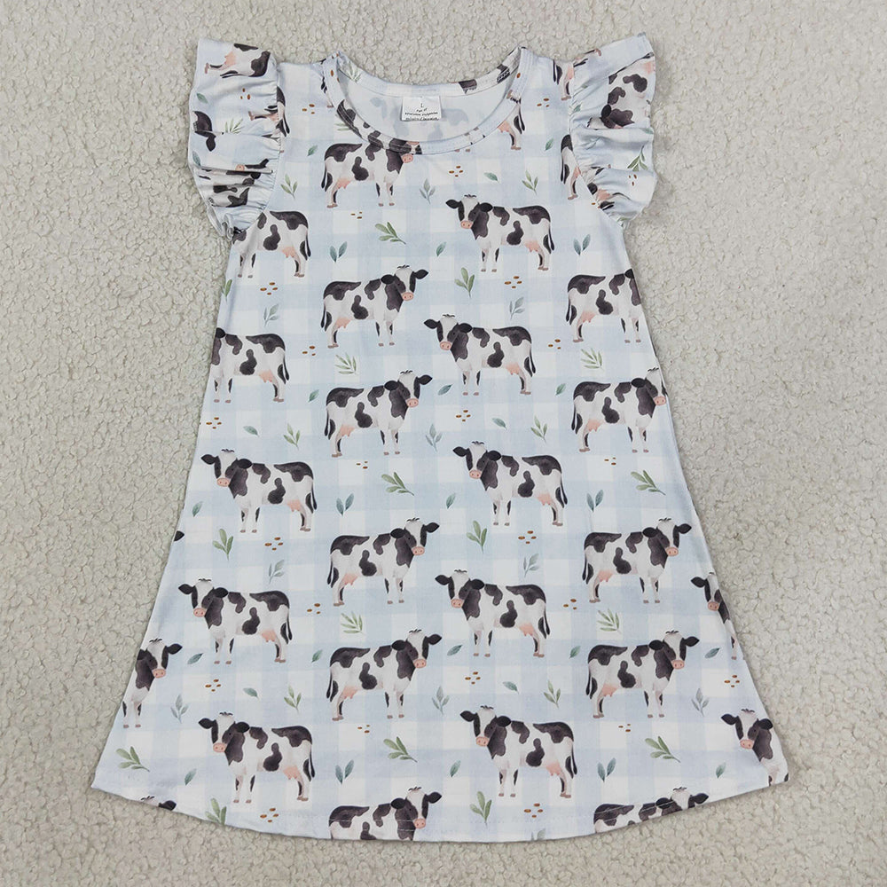 Baby Girls Dress Flutter Sleeve Blue Checked Cows Farm Knee Length Dresses GSD3895