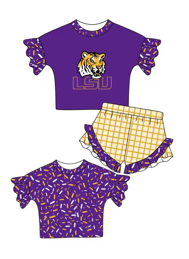 Preorder (moq 5)Baby Girls Purple Sprinkles LSU Tiger Top Checked Ruffle Shorts Team Clothes Set 1.12