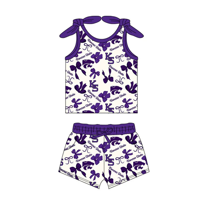 Preorder MOQ 5 pcs sleeveless K S purple bow top shorts girls team clothes 8.23