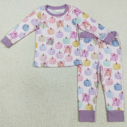 Baby Girls Pajamas Long Sleeves Colorful Bows Pumpkins Top Pant Pajamas Set GLP2597 8.13