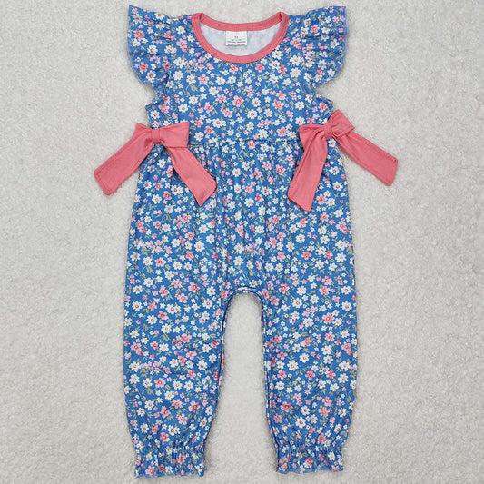 Baby Infant Girls Rompers Navy Pink Flowers Bows Flutter Sleeve Rompers SR2166