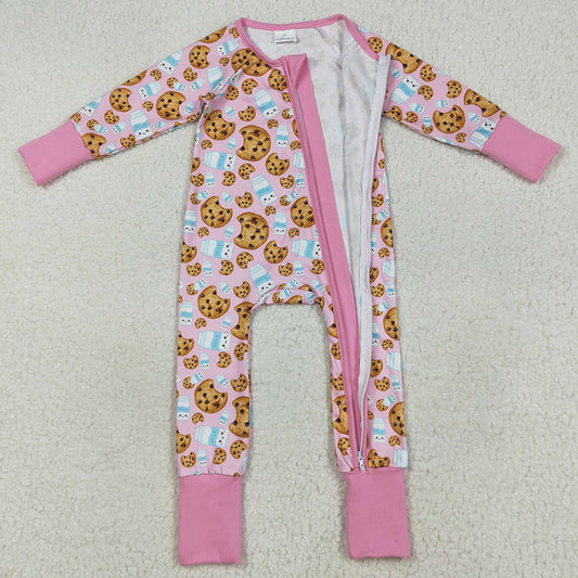 Baby Girls Rompers Pink Christmas Milk Cookies Zipper Footie Rompers LR2398 7.19