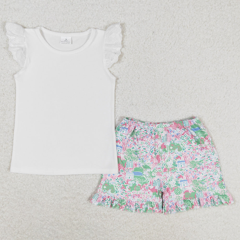 Baby Girls Clothes White Flutter Tee Shirt Ruffle House Grass Shorts Sets GSSO0888