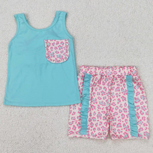 Baby Girls Clothes Green Pocket Bow Vest Ruffle Shorts Sets GSSO1784