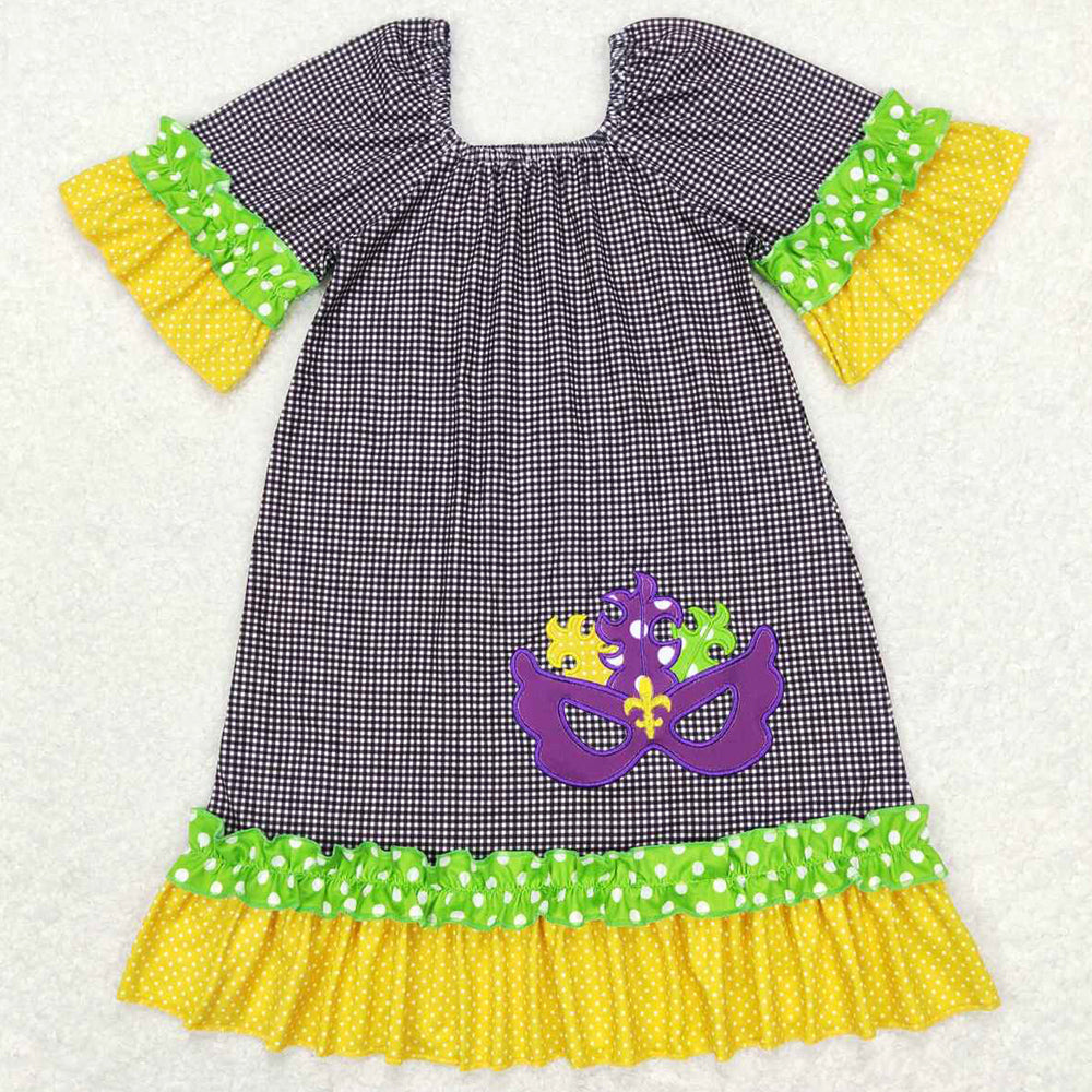 Baby Girls Clothes Mardi Gras Black Checkered Ruffle Knee Length Dresses GSD0499