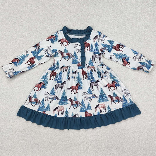 Baby Girls Dress Christmas Western Horse Ruffle Knee Length Dresses GLD0675