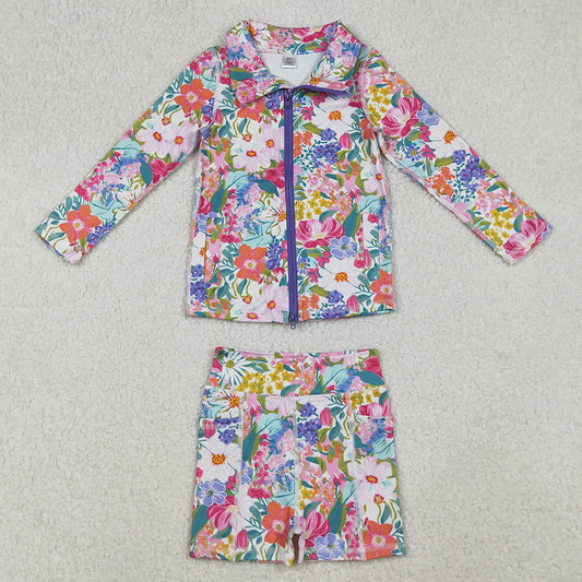 Baby Girls Clothes Pink Lavender Floral Zipper Pockets Jacket Shorts Yoga Active Clothes Set GLS0012 9.13