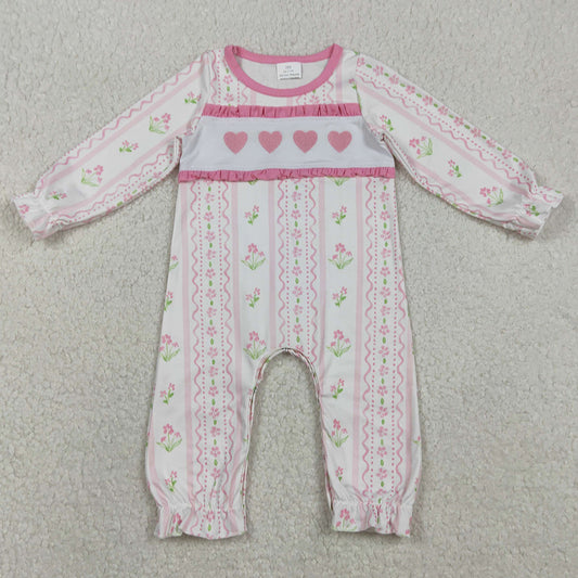 Baby Girls Rompers Embroidery Hearts Flowers Stripe Valentines Ruffle Footie Rompers LR2714 12.9