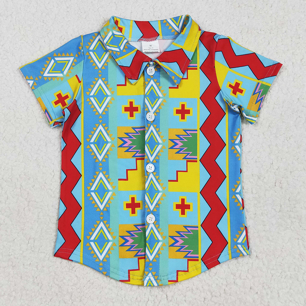 Baby Boys T-shirts Short Sleeves Colorful Aztec Print Button Shirts Tops BT1225 5.1