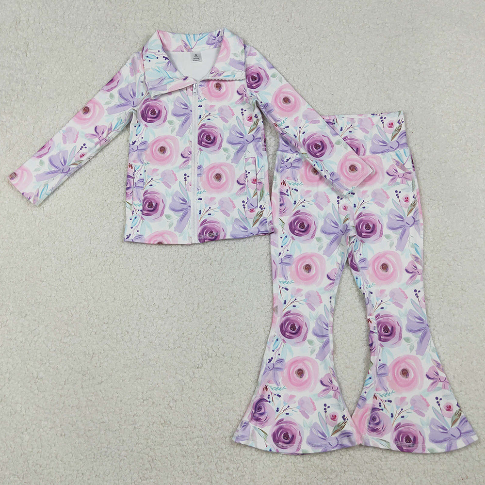 Baby Girls Clothes Purple Flowers Bows Zipper Jacket Bell Bottom Pant Yoga Active Clothes Sets GLP2441 10.3