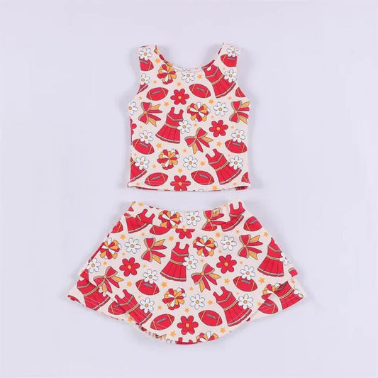 Preorder moq 5 Baby Girls Sleeveless Red Football Flowers Plaid Vest Top Skorts Team Set 7.11